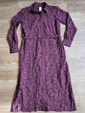 Ann Taylor Dress Womens 8 Plum Burgundy Lace Midi Shirtdress Modest Whimsigoth